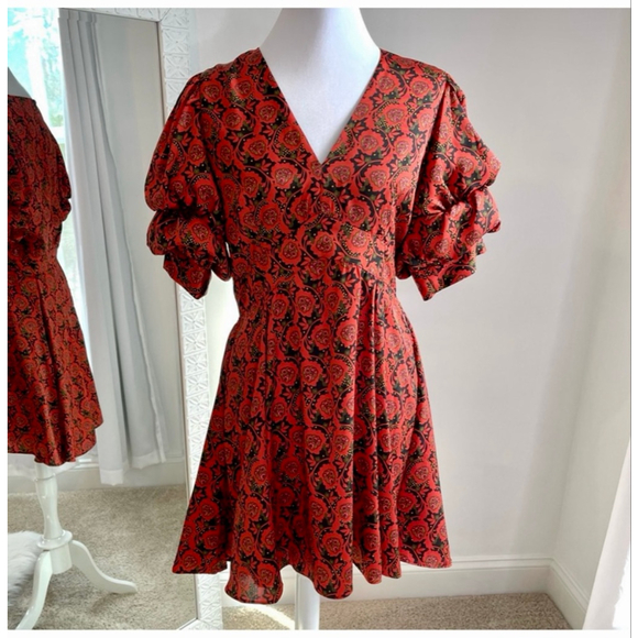 1 State Blooms Print Puff Sleeve V-Neck Fit & Flare Dress Wine Red L - Picture 3 of 13